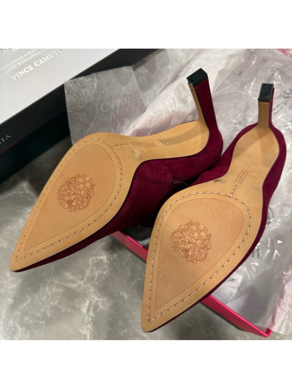 Vince Camuto Sestrind Ribbon Red Pink Suede Pointed Toe Booties Heels 7.5M New - Picture 4 of 6